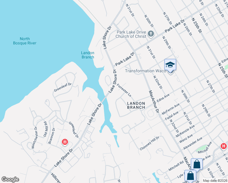 map of restaurants, bars, coffee shops, grocery stores, and more near 3516 Obrien Circle in Waco