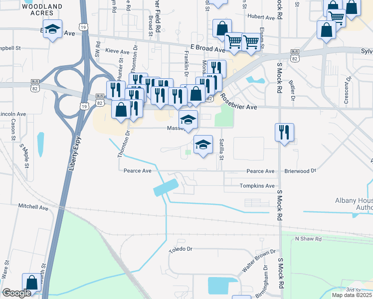 map of restaurants, bars, coffee shops, grocery stores, and more near 1800 Massey Drive in Albany