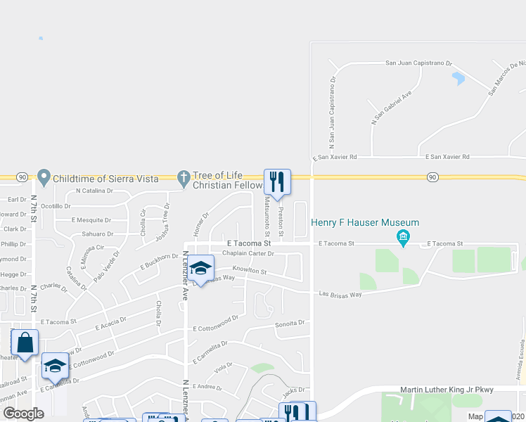 map of restaurants, bars, coffee shops, grocery stores, and more near 1160 Matsumoto Street in Sierra Vista