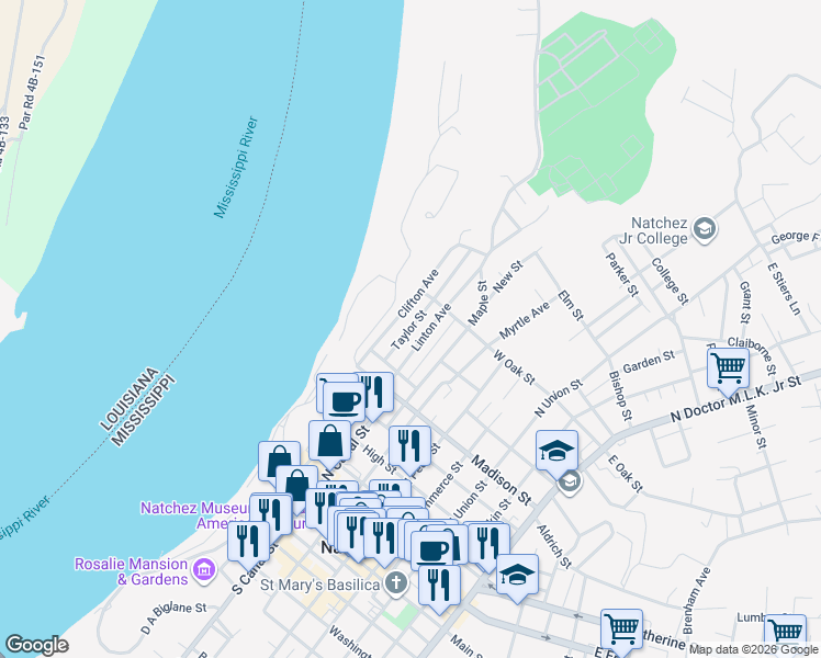 map of restaurants, bars, coffee shops, grocery stores, and more near Taylor Street in Natchez