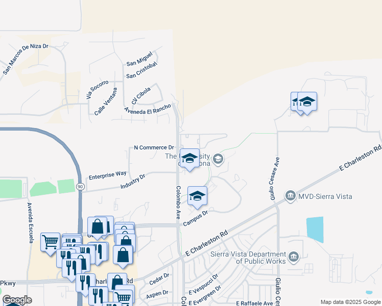 map of restaurants, bars, coffee shops, grocery stores, and more near 15206 Colombo Avenue in Sierra Vista