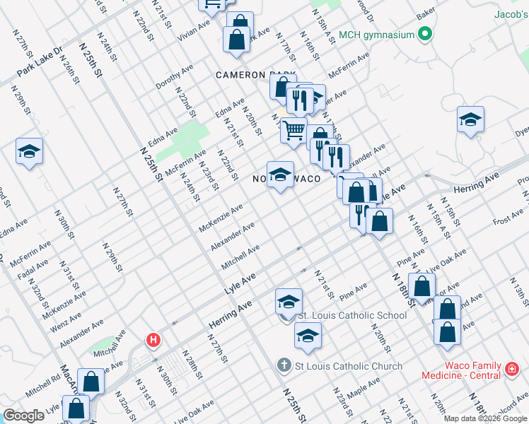 map of restaurants, bars, coffee shops, grocery stores, and more near 2201 Alexander Avenue in Waco