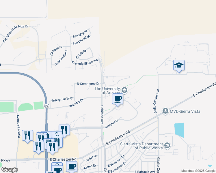 map of restaurants, bars, coffee shops, grocery stores, and more near 15206 Colombo Avenue in Sierra Vista