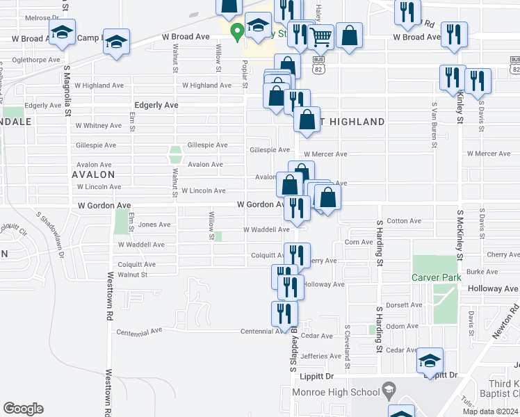 map of restaurants, bars, coffee shops, grocery stores, and more near 1118 West Gordon Avenue in Albany