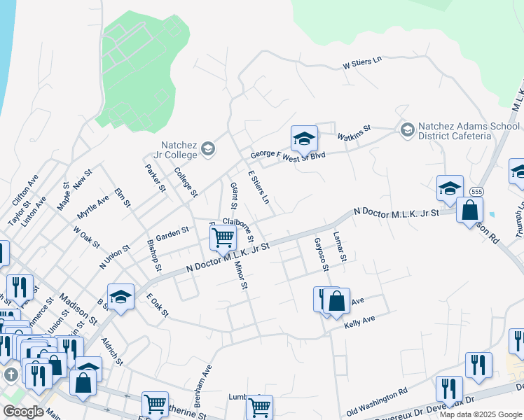 map of restaurants, bars, coffee shops, grocery stores, and more near 1006 Martins Lane in Natchez