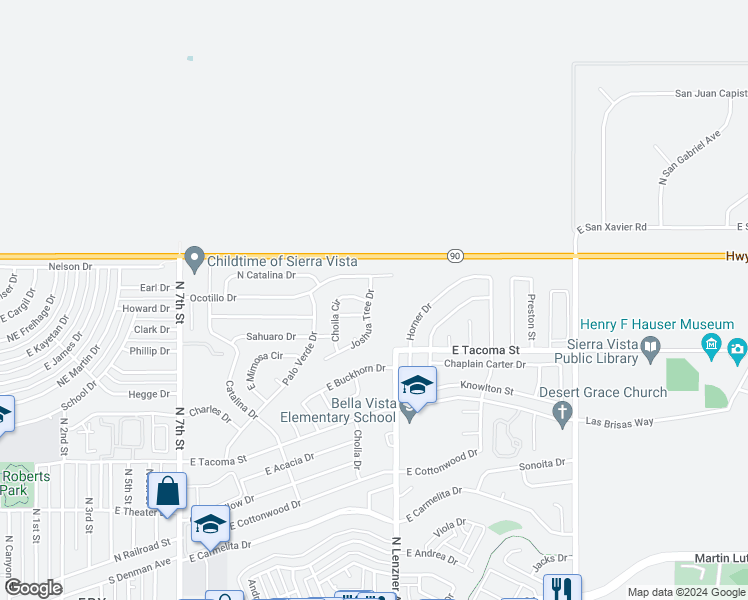 map of restaurants, bars, coffee shops, grocery stores, and more near 1164 Joshua Tree Drive in Sierra Vista