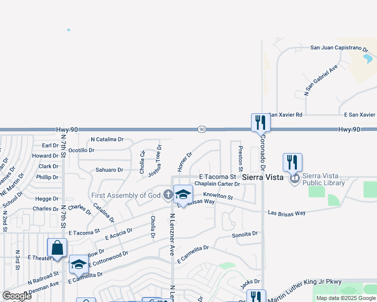 map of restaurants, bars, coffee shops, grocery stores, and more near 1138 Horner Drive in Sierra Vista