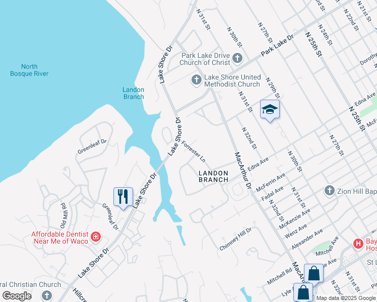 map of restaurants, bars, coffee shops, grocery stores, and more near 3516 Obrien Circle in Waco