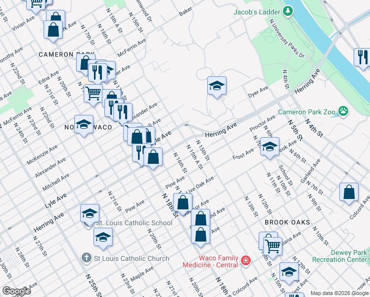 map of restaurants, bars, coffee shops, grocery stores, and more near 1525 Proctor Avenue in Waco