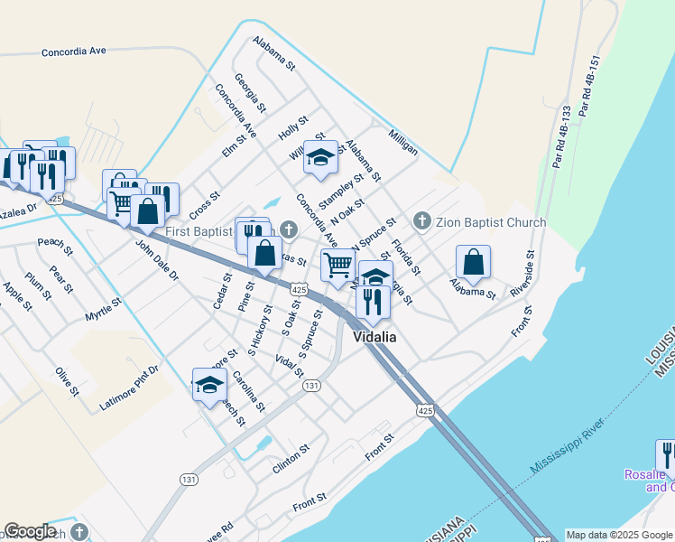 map of restaurants, bars, coffee shops, grocery stores, and more near 409 Texas Street in Vidalia