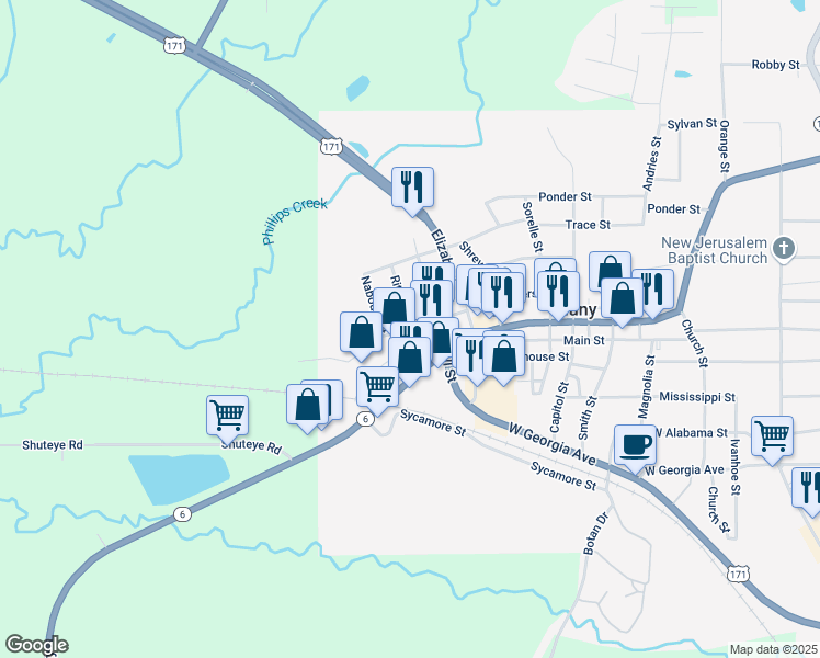 map of restaurants, bars, coffee shops, grocery stores, and more near 700 Ritter Street in Many
