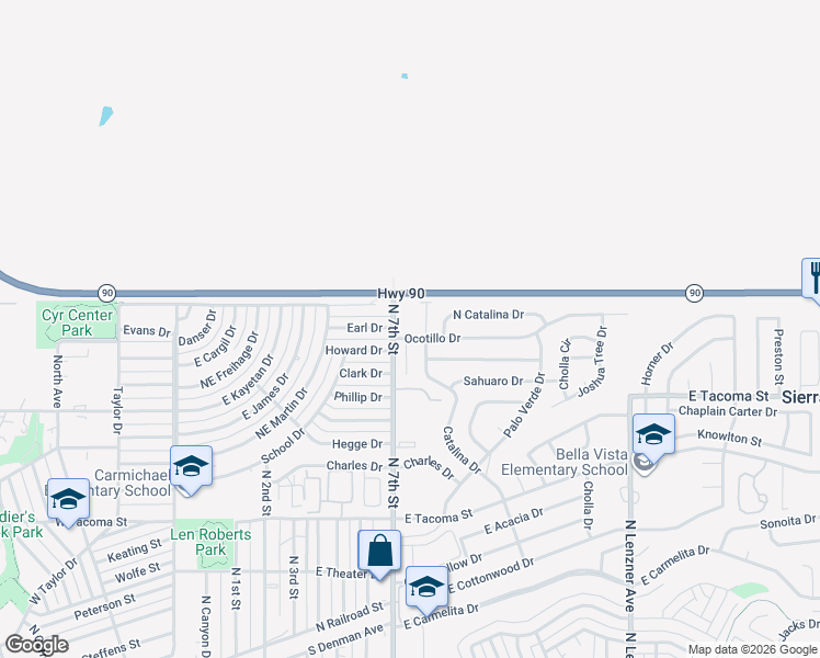 map of restaurants, bars, coffee shops, grocery stores, and more near 1157 Desert Oak Place in Sierra Vista