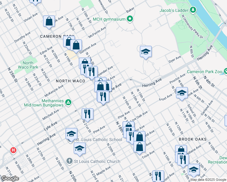 map of restaurants, bars, coffee shops, grocery stores, and more near 1619 Lyle Avenue in Waco