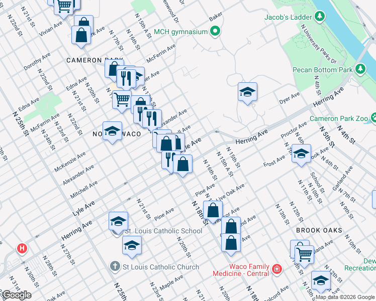 map of restaurants, bars, coffee shops, grocery stores, and more near 1619 Lyle Avenue in Waco