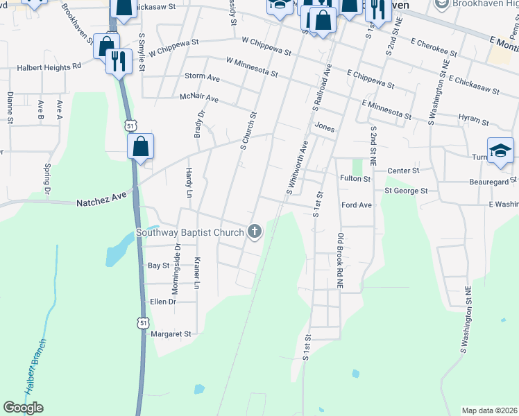 map of restaurants, bars, coffee shops, grocery stores, and more near 900-998 South Jackson Street in Brookhaven