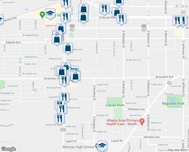 map of restaurants, bars, coffee shops, grocery stores, and more near 903 West Gordon Avenue in Albany