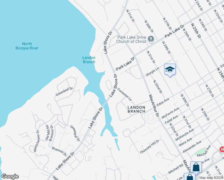 map of restaurants, bars, coffee shops, grocery stores, and more near 3 Enclave Court in Waco