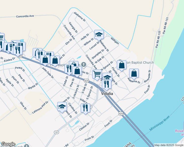 map of restaurants, bars, coffee shops, grocery stores, and more near 409 Texas Street in Vidalia