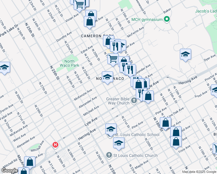 map of restaurants, bars, coffee shops, grocery stores, and more near 2015 Alexander Avenue in Waco