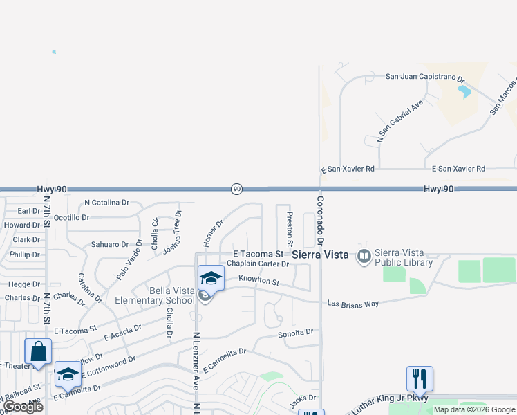 map of restaurants, bars, coffee shops, grocery stores, and more near 1258 Horner Drive in Sierra Vista