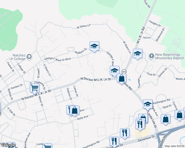 map of restaurants, bars, coffee shops, grocery stores, and more near 9-11 Ray Street in Natchez