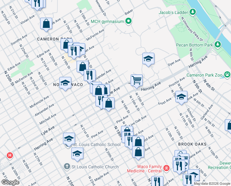 map of restaurants, bars, coffee shops, grocery stores, and more near 1540 Lyle Avenue in Waco