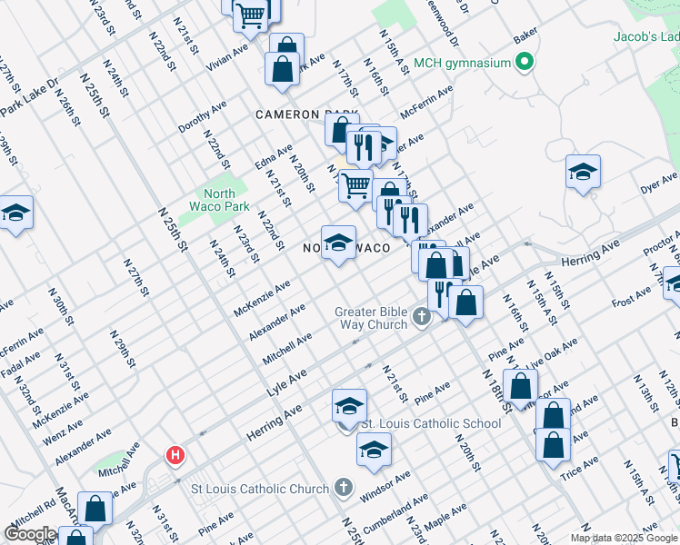 map of restaurants, bars, coffee shops, grocery stores, and more near 2015 Alexander Avenue in Waco