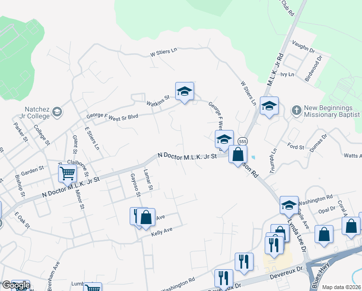 map of restaurants, bars, coffee shops, grocery stores, and more near 9 Ray Street in Natchez