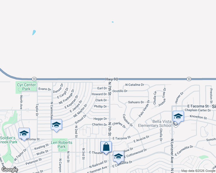 map of restaurants, bars, coffee shops, grocery stores, and more near 532 Nelson Drive in Sierra Vista