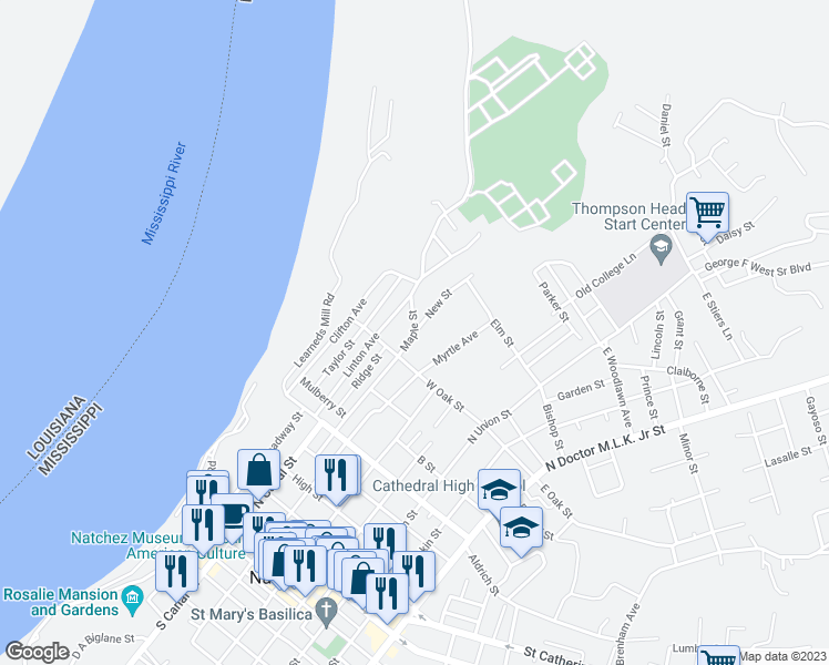map of restaurants, bars, coffee shops, grocery stores, and more near Maple Street in Natchez