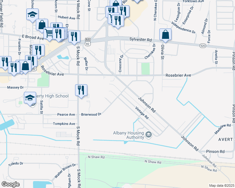 map of restaurants, bars, coffee shops, grocery stores, and more near 308 Thornwood Court in Albany
