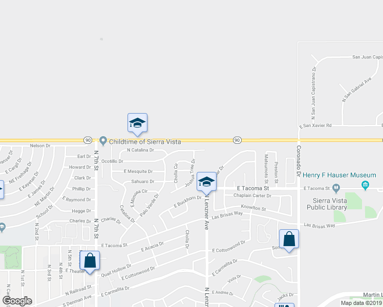 map of restaurants, bars, coffee shops, grocery stores, and more near 1416 Ocotillo Drive in Sierra Vista