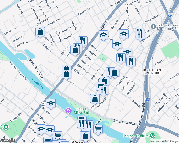 map of restaurants, bars, coffee shops, grocery stores, and more near 420 Preston Street in Waco