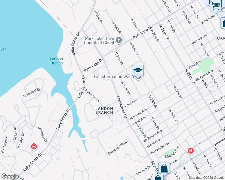 map of restaurants, bars, coffee shops, grocery stores, and more near 3420 MacArthur Drive in Waco