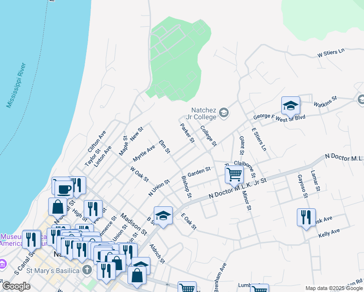 map of restaurants, bars, coffee shops, grocery stores, and more near 29 North Commerce Street in Natchez