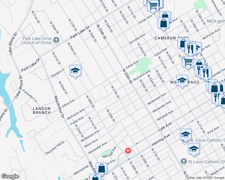 map of restaurants, bars, coffee shops, grocery stores, and more near 2704 Woodrow Avenue in Waco