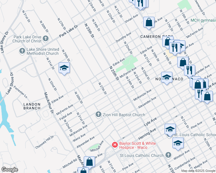 map of restaurants, bars, coffee shops, grocery stores, and more near 2601 McFerrin Avenue in Waco