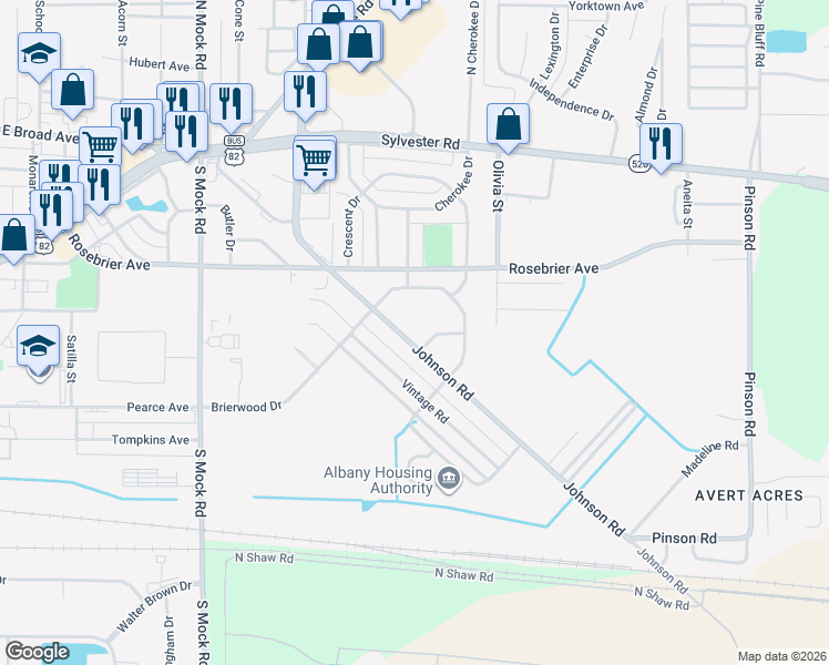 map of restaurants, bars, coffee shops, grocery stores, and more near 404 Johnson Road in Albany