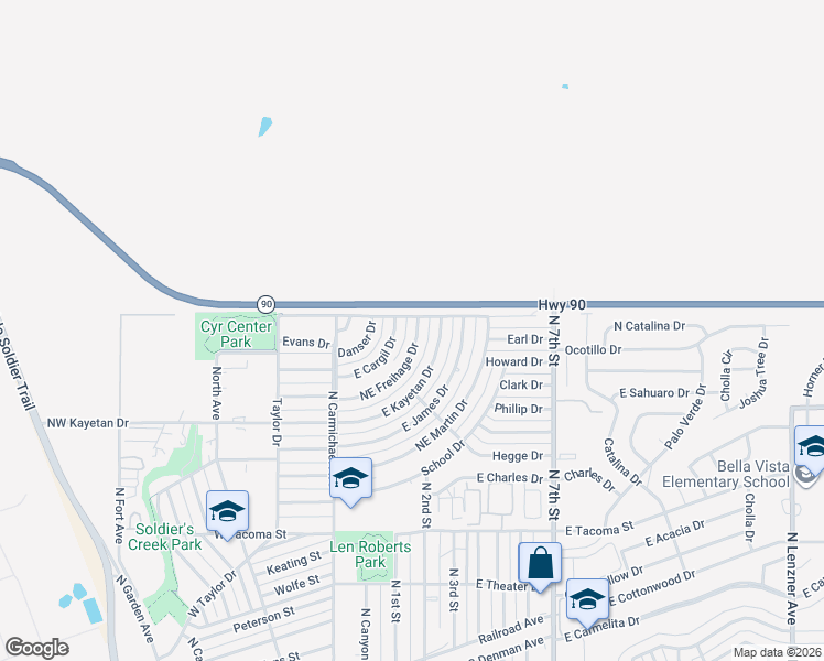 map of restaurants, bars, coffee shops, grocery stores, and more near 174 Northeast Freihage Drive in Sierra Vista