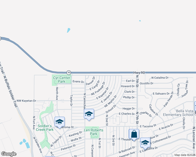 map of restaurants, bars, coffee shops, grocery stores, and more near 74 Danser Drive in Sierra Vista