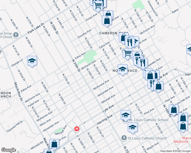 map of restaurants, bars, coffee shops, grocery stores, and more near 2305 Reuter Avenue in Waco