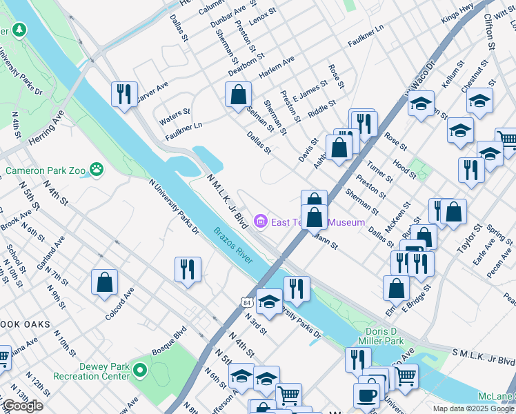 map of restaurants, bars, coffee shops, grocery stores, and more near 1001 N Lake Brazos Pkwy in Waco