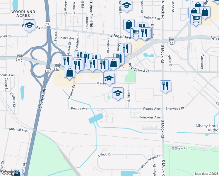 map of restaurants, bars, coffee shops, grocery stores, and more near 1800 Massey Drive in Albany
