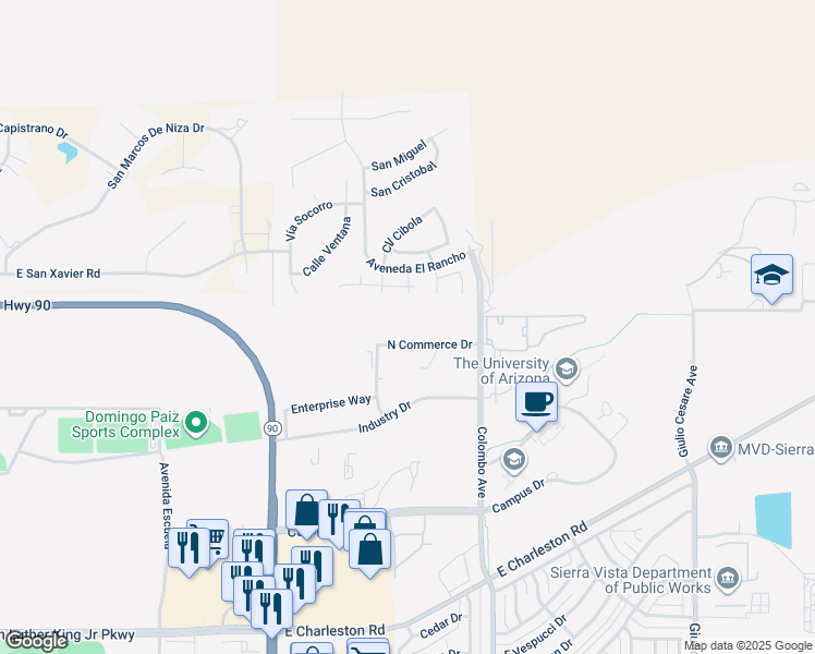 map of restaurants, bars, coffee shops, grocery stores, and more near 4511 North Commerce Drive in Sierra Vista