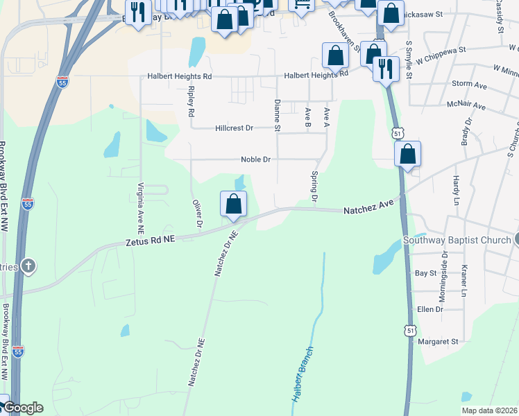 map of restaurants, bars, coffee shops, grocery stores, and more near 680 Natchez Avenue in Brookhaven