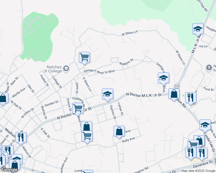 map of restaurants, bars, coffee shops, grocery stores, and more near 1048 Martins Lane in Natchez