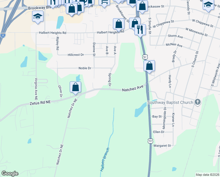 map of restaurants, bars, coffee shops, grocery stores, and more near 680-698 Natchez Avenue in Brookhaven