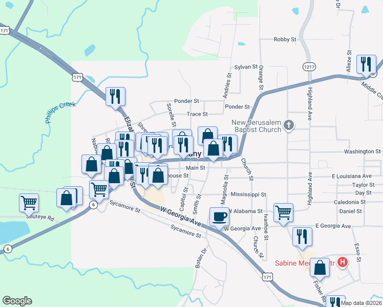 map of restaurants, bars, coffee shops, grocery stores, and more near in Many