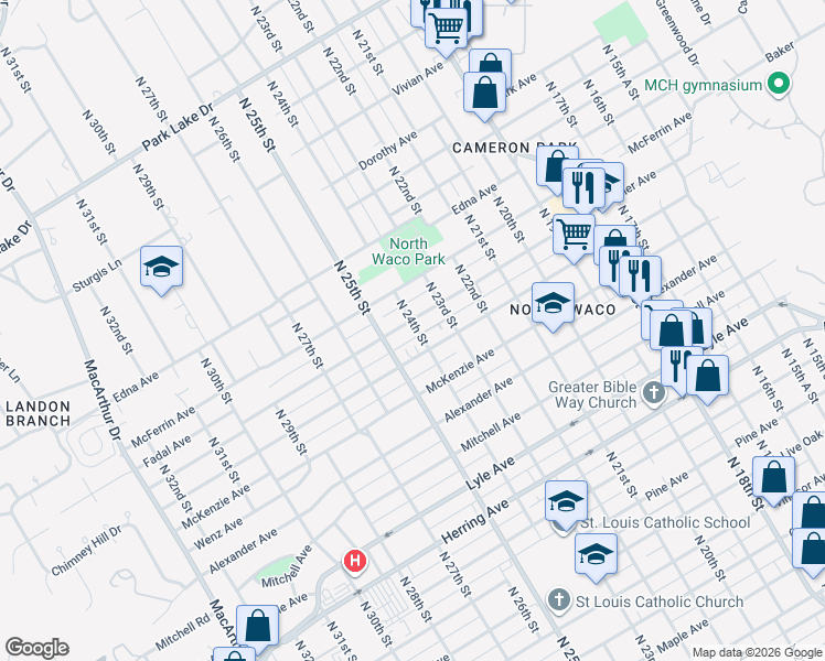 map of restaurants, bars, coffee shops, grocery stores, and more near 2409 Summer Avenue in Waco