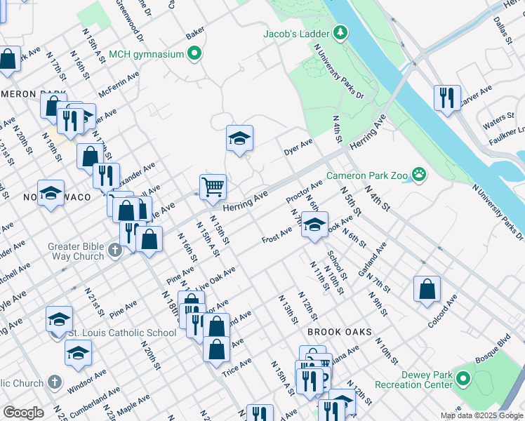 map of restaurants, bars, coffee shops, grocery stores, and more near 713 Proctor Avenue in Waco